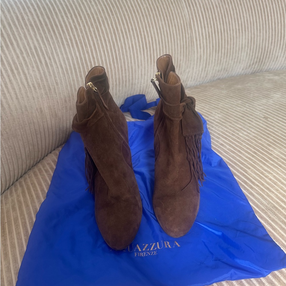 Aquazzura Brown Suede Ankle Boots with Fringe. New.